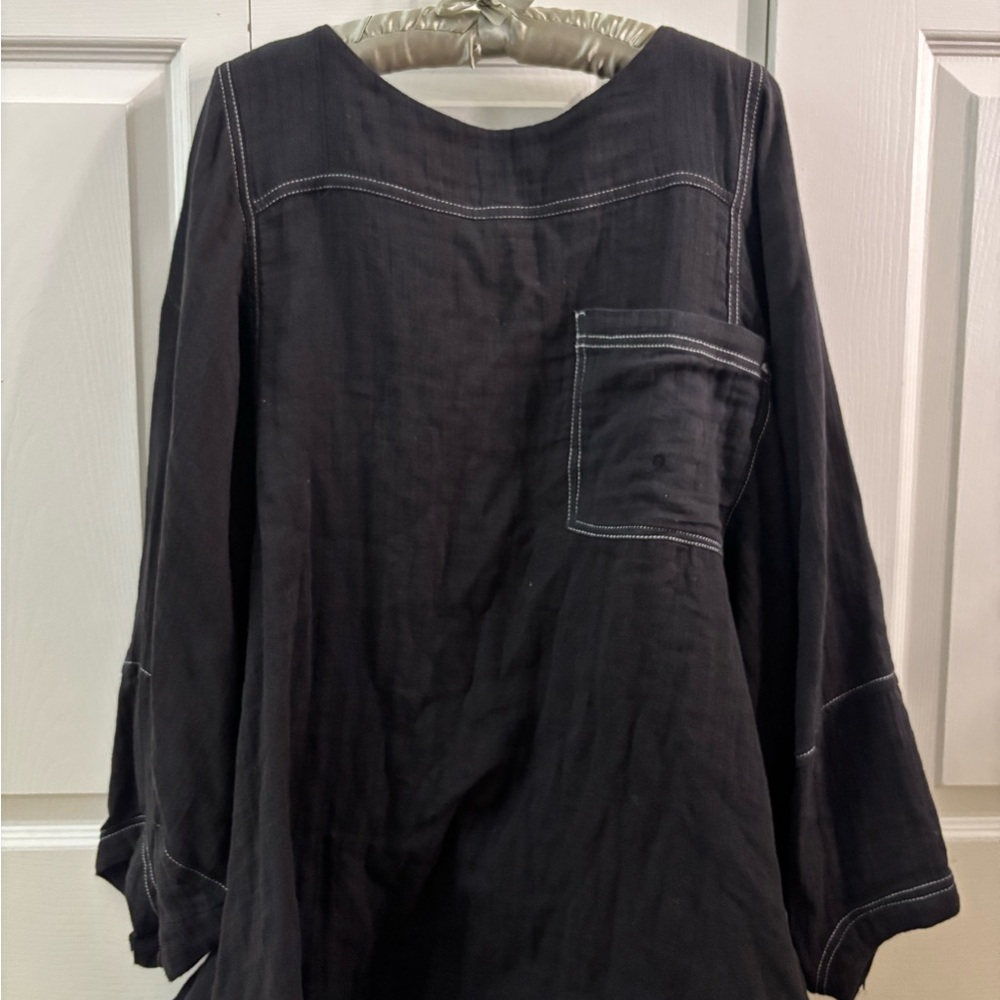 FREE PEOPLE black linen long sleeve top